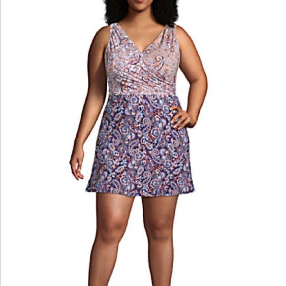 Land’s End Plus Size 1 Piece Swimsuit Dress Soft Cup Adjustable Navy Paisley Var - Picture 7 of 17